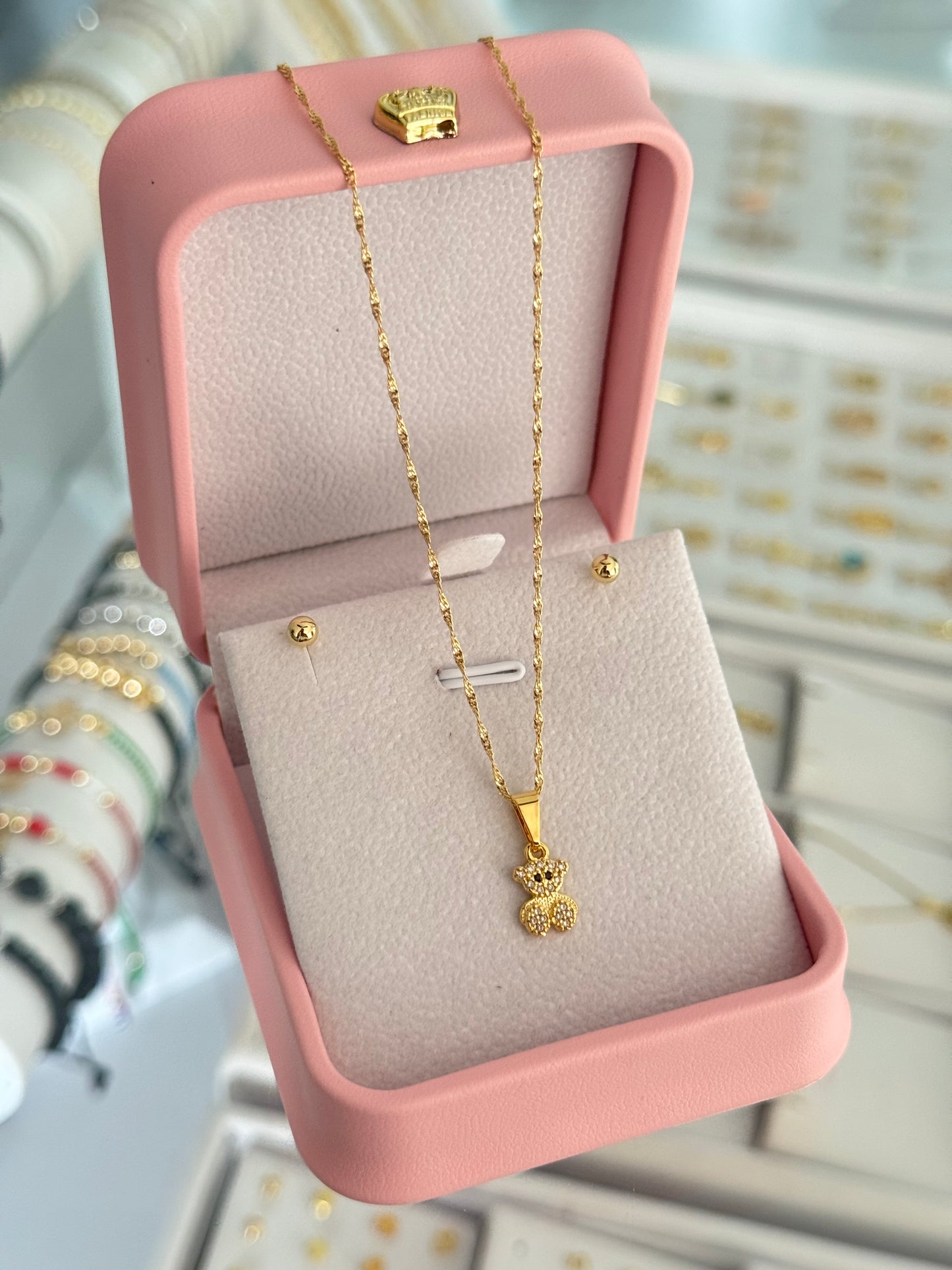 Conjunto osito circonias (cadena Singapur it 1.2mm 45cms + dije + topos balín #4)