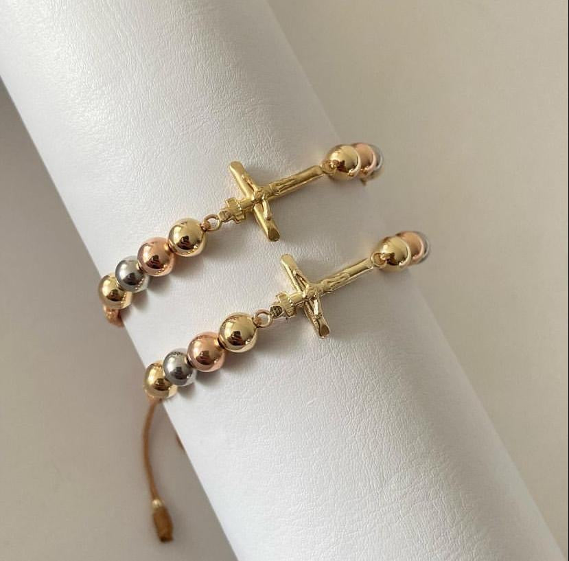 Juego pulsera dije cruz con balines 3 oros #6. X2