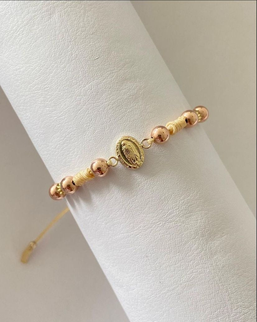 Pulsera dije Guadalupe con balines tono rosa #5