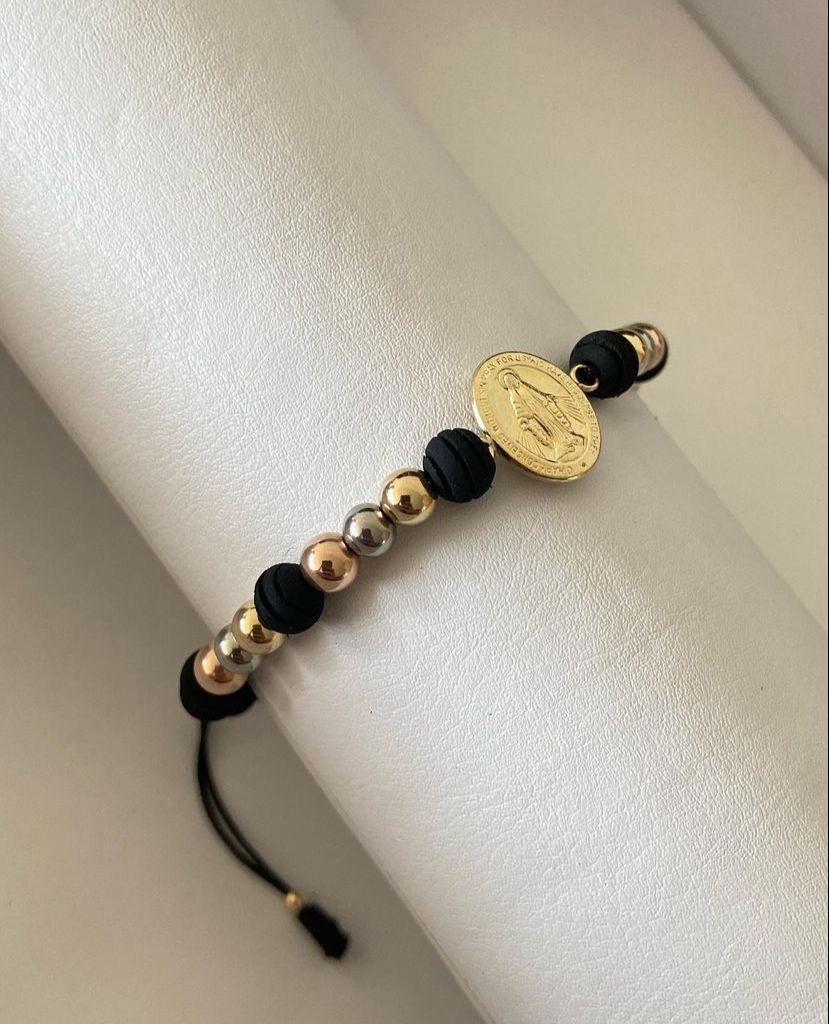 Pulsera dije milagrosa grande con balines 3 oros #5 y neopreno #6.