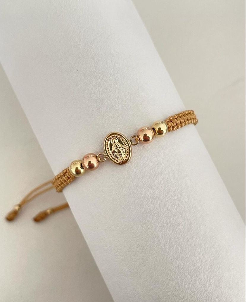 Pulsera virgen Milagrosa con balines #5 dorado y rosa