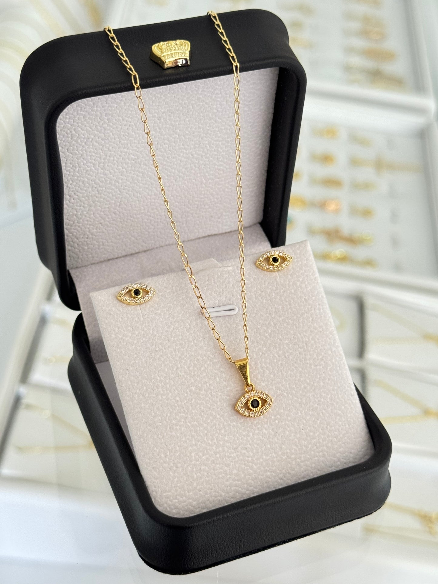 Conjunto ojo turco (cadena grumeta rada it 45cms + dije ojo turco mini + topos ojo turco)