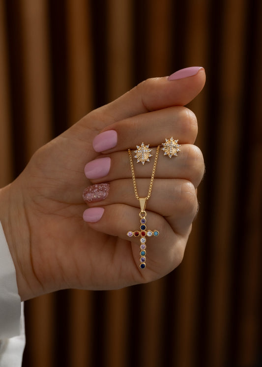 Conjunto cruz sagrada (cadena vintage 1.1mm 45cms + dije cruz colores + aretes)