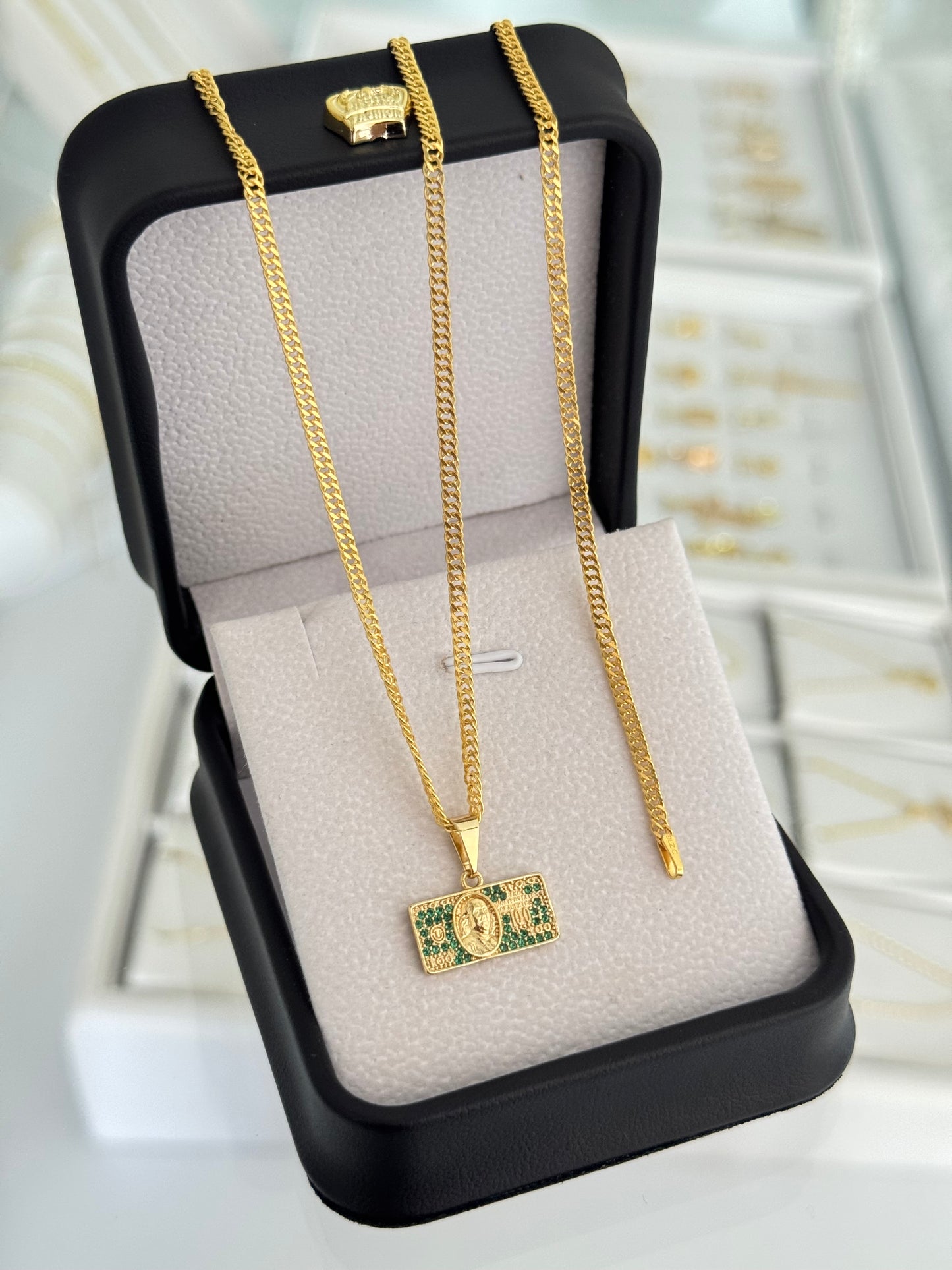 Conjunto dólar verde (cadena y pulsera cubana continua it 2.3mm 65cms / 19.5cms + dije)