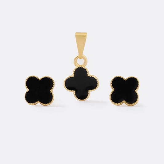 Conjunto Clover Negro 1cms (Topos + Dije)