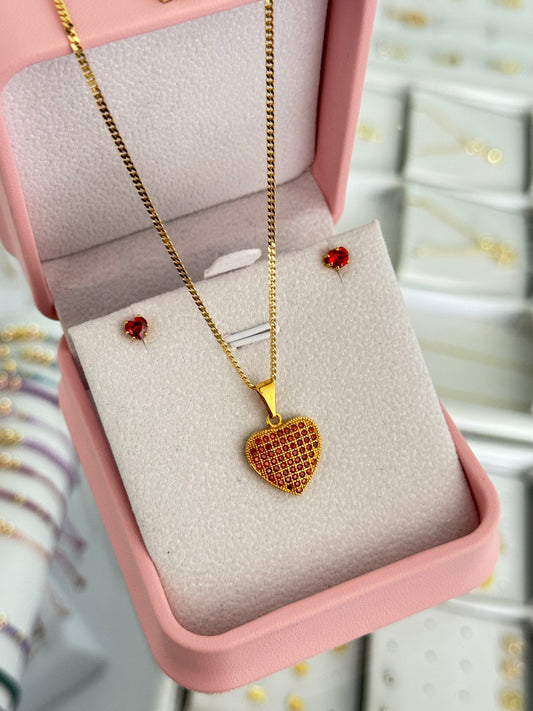Conjunto corazón rojo (cadena cubanita it 1.5mm 45cms + Topos circonia corazón + dije)