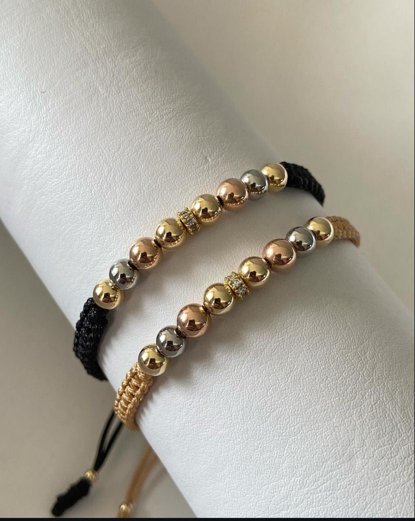 Juego pulsera con balines tres oros #5 + circon. X2