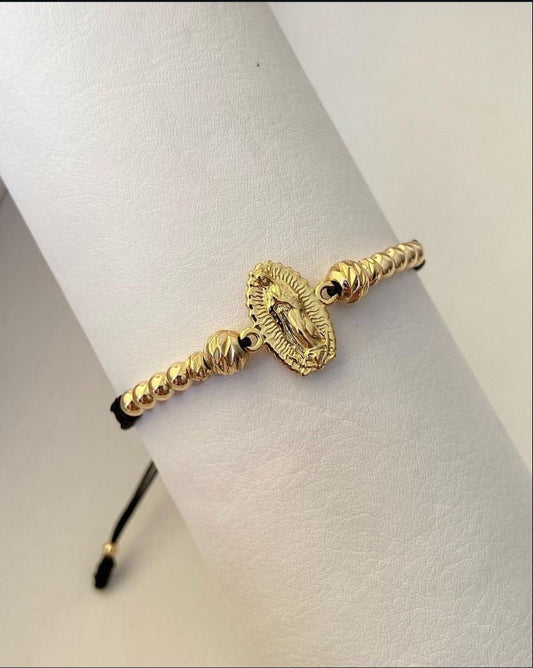 Pulsera dije virgen Guadalupe tallado con balines lisos, diamantados #4 y #5